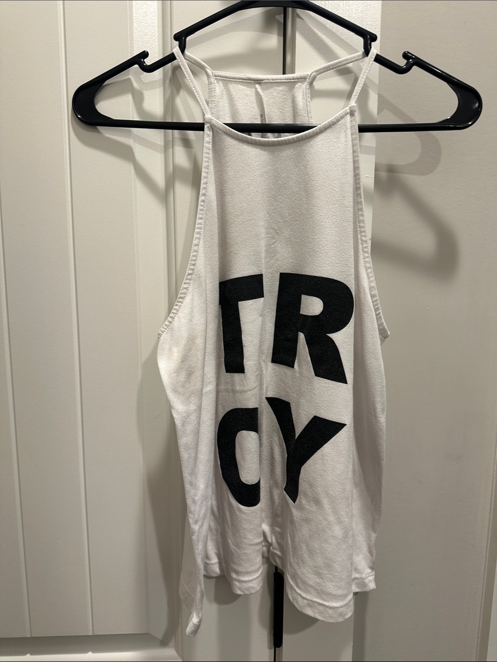 White Graphic Halter Tank Top with Black Text